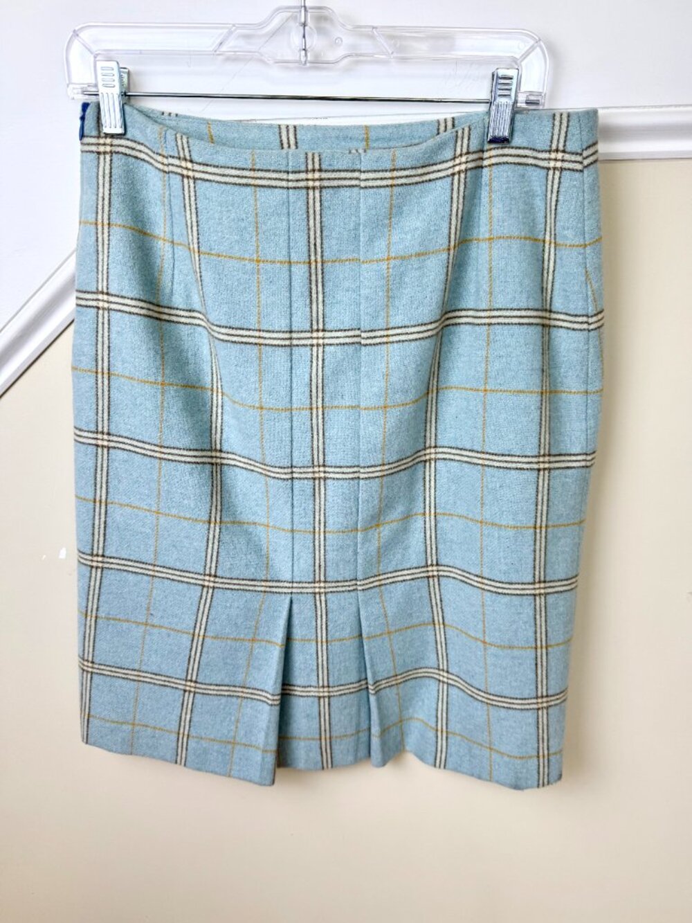 Barneys NY Plaid Skirt Wool Blend Pencil Skirt Light Blue Brown (8) - Picture 3 of 10
